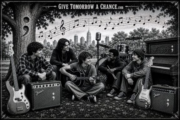 Kids hanging out talking about music